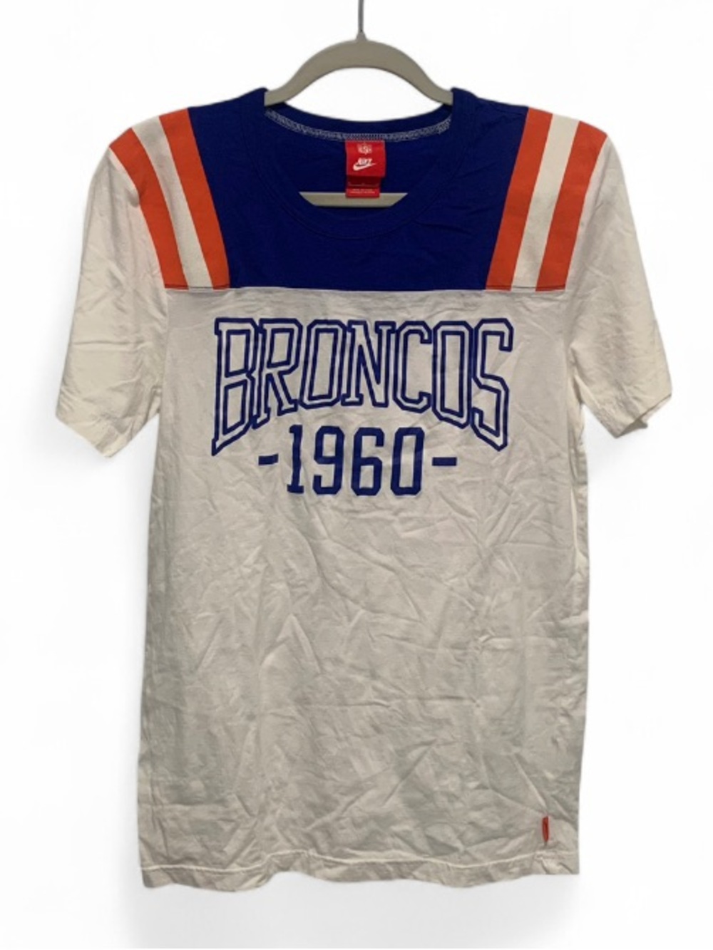 Nike Denver Broncos 1960 White & Royal Blue Tee with Orange Stripes